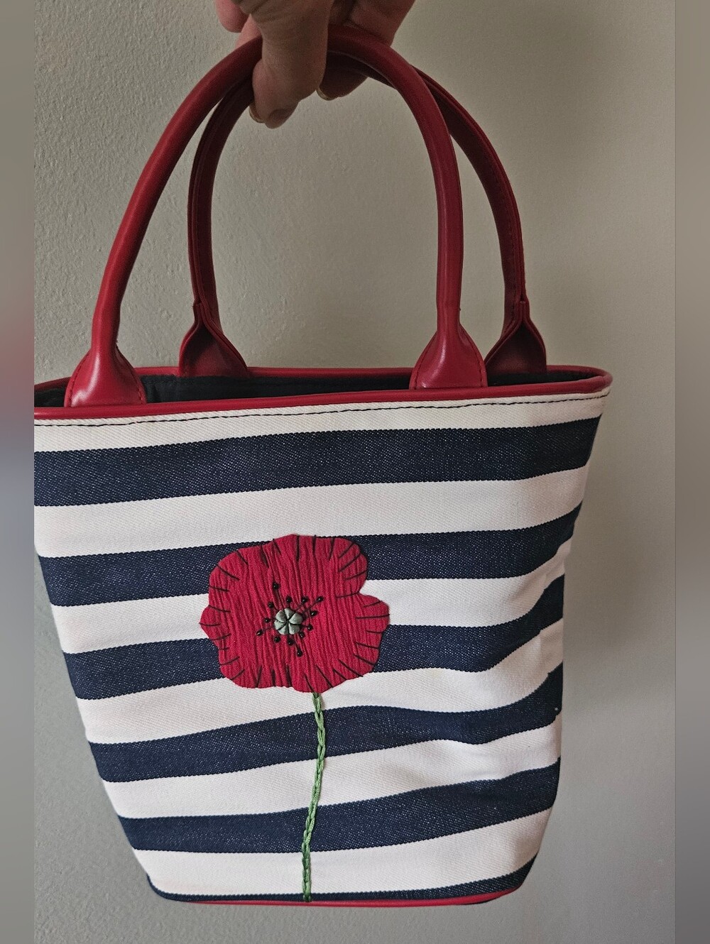 Bath & Body Works Striped Navy & White Tote with Red Poppy